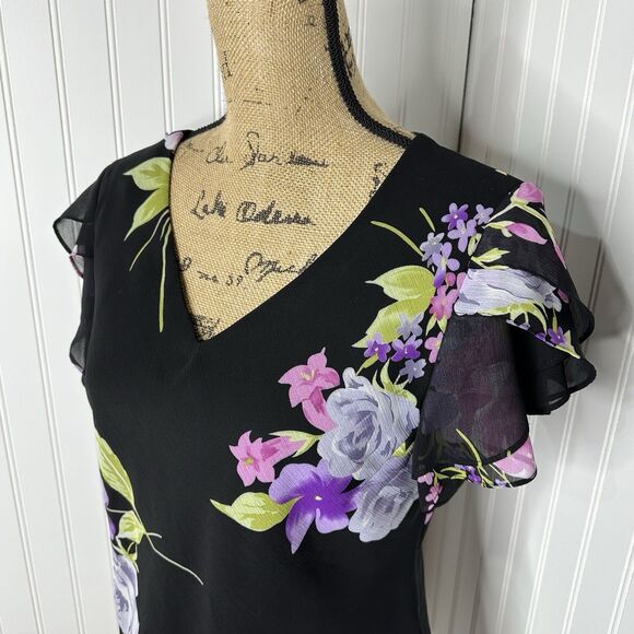 Studio 1 Chiffon Top Sz 14 Black Floral Flutter Sleeve Ruffle Dark Romantic 90s - Picture 2 of 13